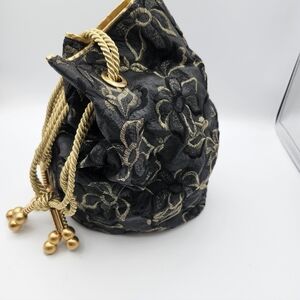 Elegant Brocade Black and Gold Floral Bucket Drawstring Bag